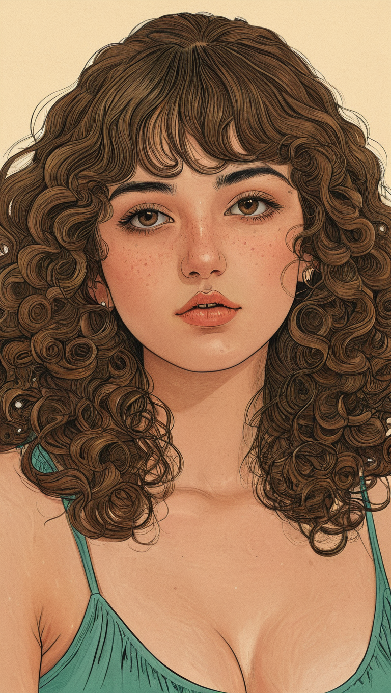 (illustration:1.3), portrait of georgous Iraqi girl, curls with bangs hair, <lora:Exquisite_illustration:1>, cleavage, looking at viewer