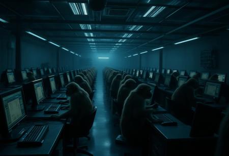 a large darkly lit room in a research facility where dozens of monkeys sit behind  computers programming,dim,loomy,hyperrealistic