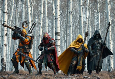 Four action Gravekeepers (orange/black Cannonholder with gun & sword, red Visionary, yellow Nobleman, black Shaman with cape) line up against stark White Forest poplars. Meticulously detailed armor, weapons, dynamic action poses. 4K, matte painting, splash ink, octane render, Unreal Engine 5, Raphael & Houdini styles. Vivid emotions, beautiful detailed eyes, Artstation, CGSociety, Mark Brooks, Brad Kunkle, Alena Aenami style, colorful textured brushstrokes, soft illumination, golden ratio.