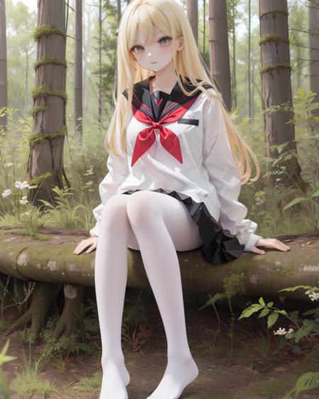 1girl, white pantyhose,long hair,serafuku,(forest:1.5),<lora:white tights2:0.6>,blonde hair,skirt,sitting