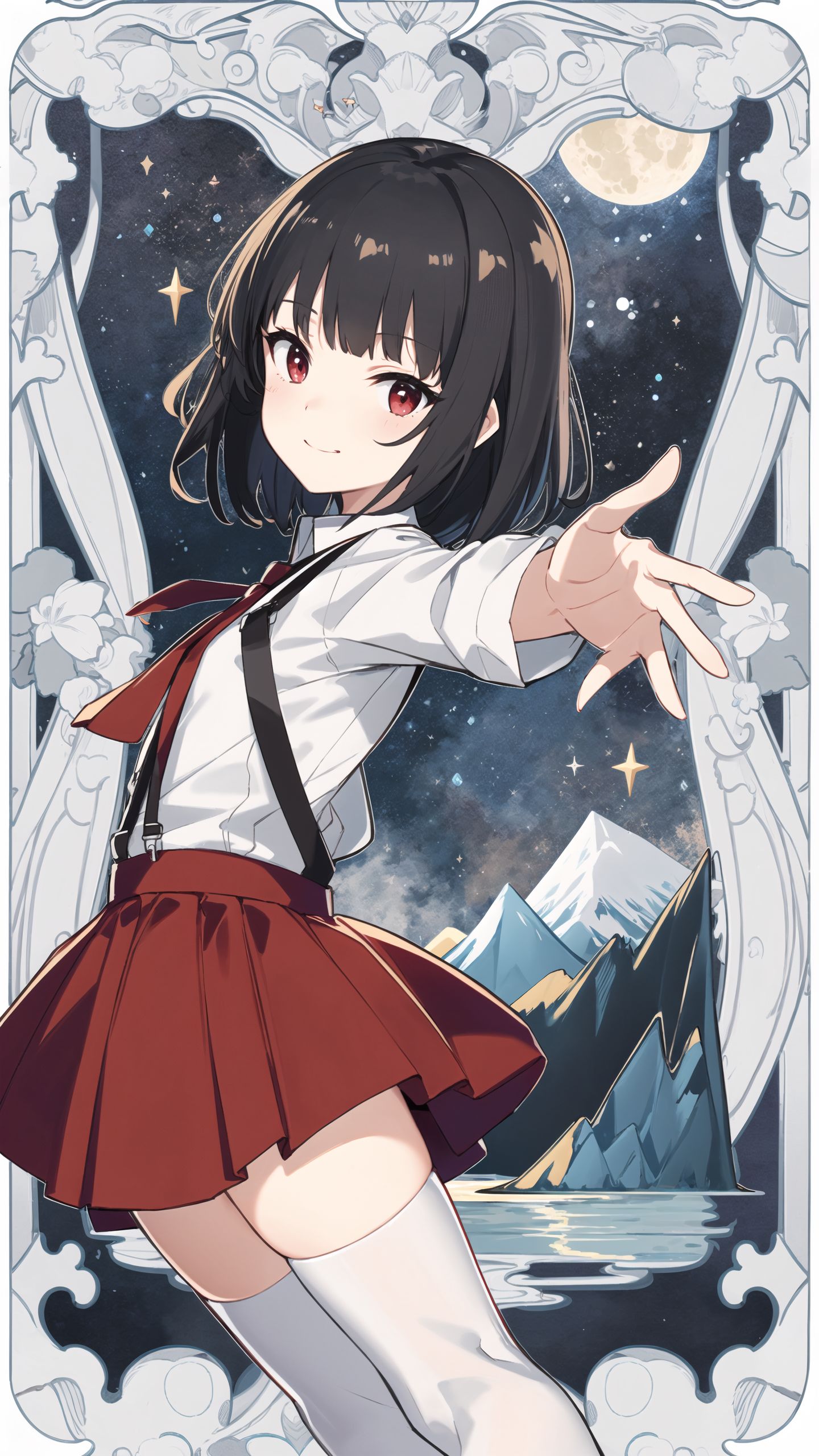 masterpiece, best quality, 1girl, solo, black hair, medium hair, red eyes, blunt bangs, petite, expressionless, red skirt,...