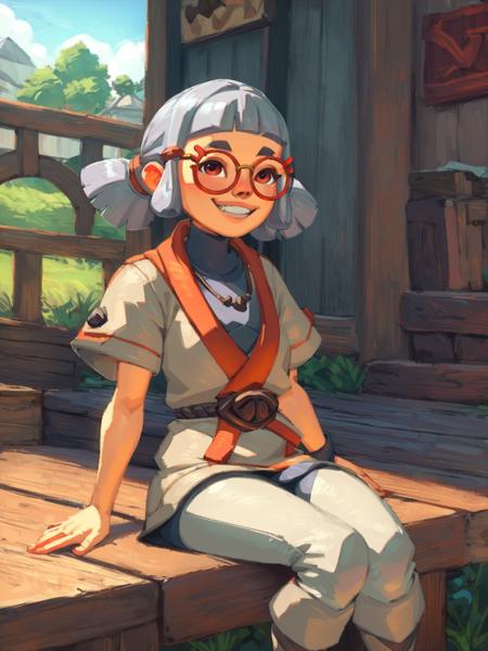 score_9, score_8_up, score_7_up, girl sitting on wooden box, outdoors, wearing gray tunic with puffy short sleeves, gray pants, belt, red eyes, red-framed eyewear, high collar, silver hair, smile, source_cartoon, <lora:josha_sdxl_pdv6:1> <lora:LaxpeintXL-2.0:1> digital painting