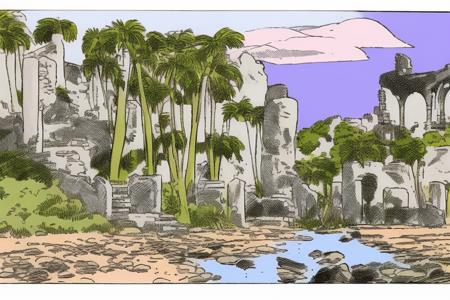 CavazzanoComics ancient greek columns, late at night, purple sky <lora:CavazzanoStyle:0.6>