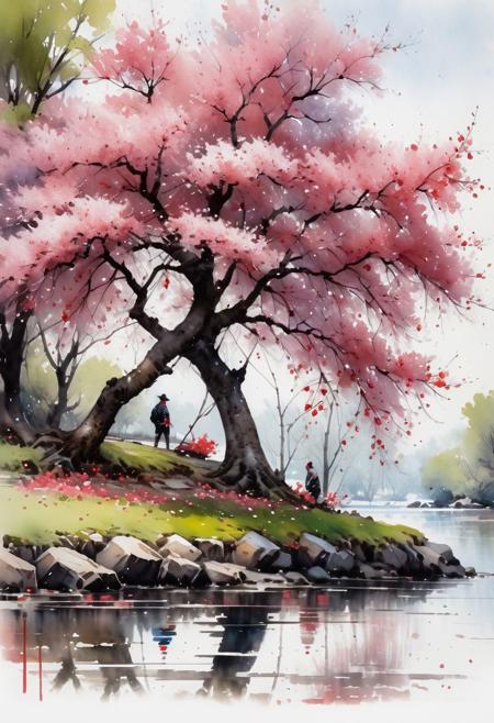 a painting of (Cherry tree in an island), watercolor painting, artstation, concept art, smooth, sharp focus, illustration in the style of artists like Russ Mills, Sakimichan, Wlop, Lois, Art Germ, Darek Zabrocki, and Jean-Baptiste Monge, ultra HD masterpiece, award winning work.  Paul Signac Style