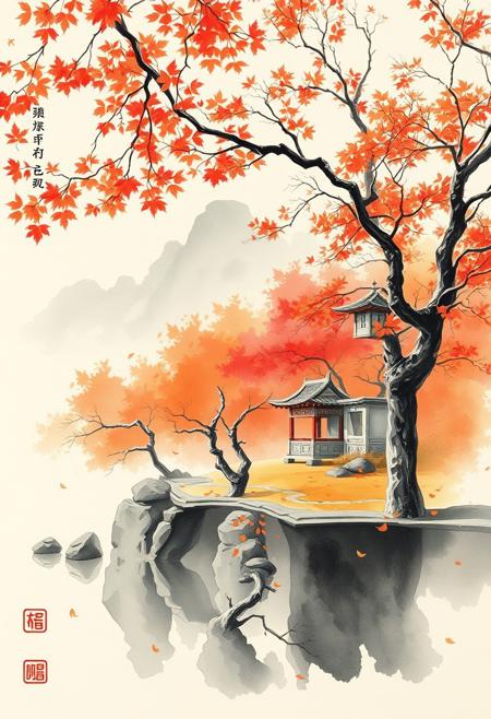 The gorgeous watercolor paintings designed by AI show a palace-level design sense and are pleasing to the eye. The design color is mainly red yellow orange like Autumn landscape.