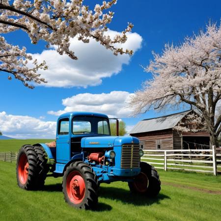 Antique farm and antique house, cows in a fenced field, large vegetable garden, antique 1950 McCormick tractor, 1951 Ford truck, apple and cherry blossoms in the background, blue sky with cumulus clouds, photography very realist
