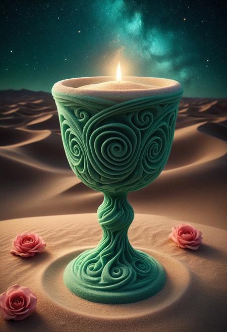 A sandswirl chalice filled with swirling, luminescent sand, placed on an altar surrounded by desert roses, glowing softly with emerald light under a starry night sky, delicate rim lighting and subtle bokeh effects.