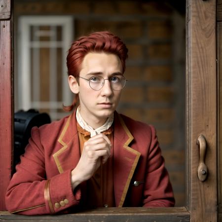 (glasses:1.1), jimhawkins, young man, solo, red hair, best quality, victorian, upper body, tavern, round eyewear, (neckerchief:0.5), red jacket, 
<lora:jimhawkins-step00017500:0.81> ,, 8k uhd, dslr, high quality, film grain, Fujifilm XT3