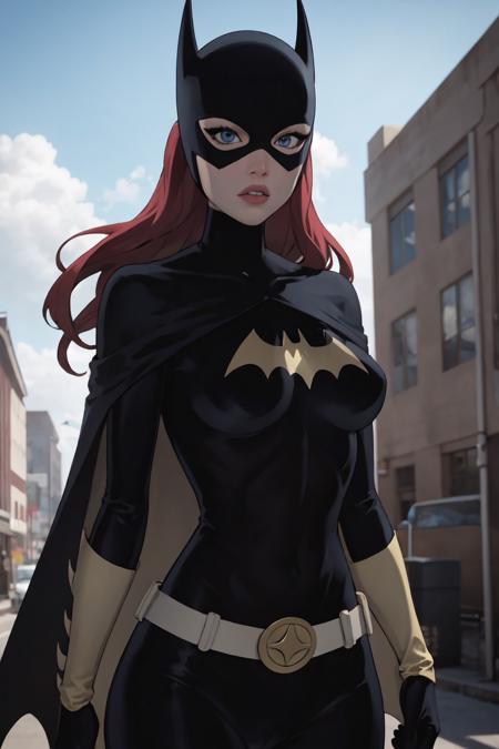 masterpiece, best quality, 1girl, solo, highres, <lora:CARTOON_DC_batgirl_ownwaifu:0.5>, scenery,
CARTOON_batgirl_ownwaifu,www.ownwaifu.com,mask,long hair,blue eyes,bodysuit,breasts,cape,domino mask,belt,medium breasts,superhero,gloves,lips,black bodysuit,helmet,belt buckle,horns,bat_print,pouch,