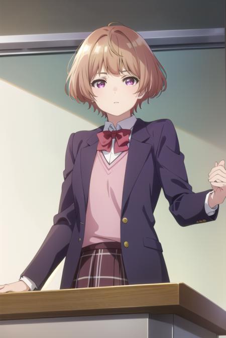 hanabinatsubayashi, <lora:hanabi natsubayashi s1-lora-nochekaiser:1>,
hanabi natsubayashi, short hair, brown hair, (pink eyes:1.2),
BREAK skirt, shirt, long sleeves, school uniform, jacket, white shirt, pleated skirt, necktie, collared shirt, plaid, plaid skirt, blazer, red necktie,
BREAK indoors, classroom,
BREAK looking at viewer,
BREAK <lyco:GoodHands-beta2:1>, (masterpiece:1.2), best quality, high resolution, unity 8k wallpaper, (illustration:0.8), (beautiful detailed eyes:1.6), extremely detailed face, perfect lighting, extremely detailed CG, (perfect hands, perfect anatomy),