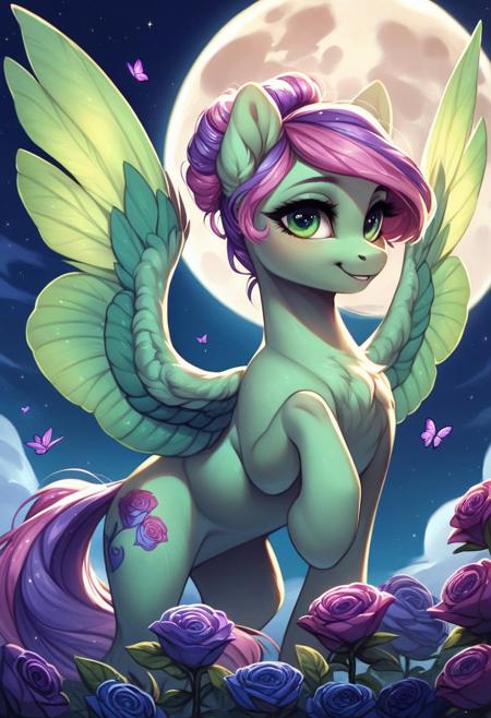 core_9, score_8_up, score_7_up, score_5_up, A wild pony with lavender hair, soft green fur, large glowing green wings, and captivating green eyes. She stands gracefully in an evening scene under a full moon, her silhouette illuminated by its magical glow. Around her, vibrant purple roses bloom in abundance, blending harmoniously with shining purple butterflies that flutter gently in the night air. The setting features lush flowering bushes, a serene cloudy sky, and the soft, mystical glow of moonlight. The atmosphere is peaceful, magical, and full of fantasy, with intricate details and a dreamy ambiance that highlights the beauty of the pony and her surroundings