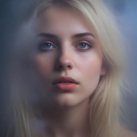 Beautiful blonde Young woman, 20 years old, cute face , moody, hazy, foggy, neon lights break through the dense fog, artsy, pop album cover shot, graphic design background, close up on woman's face