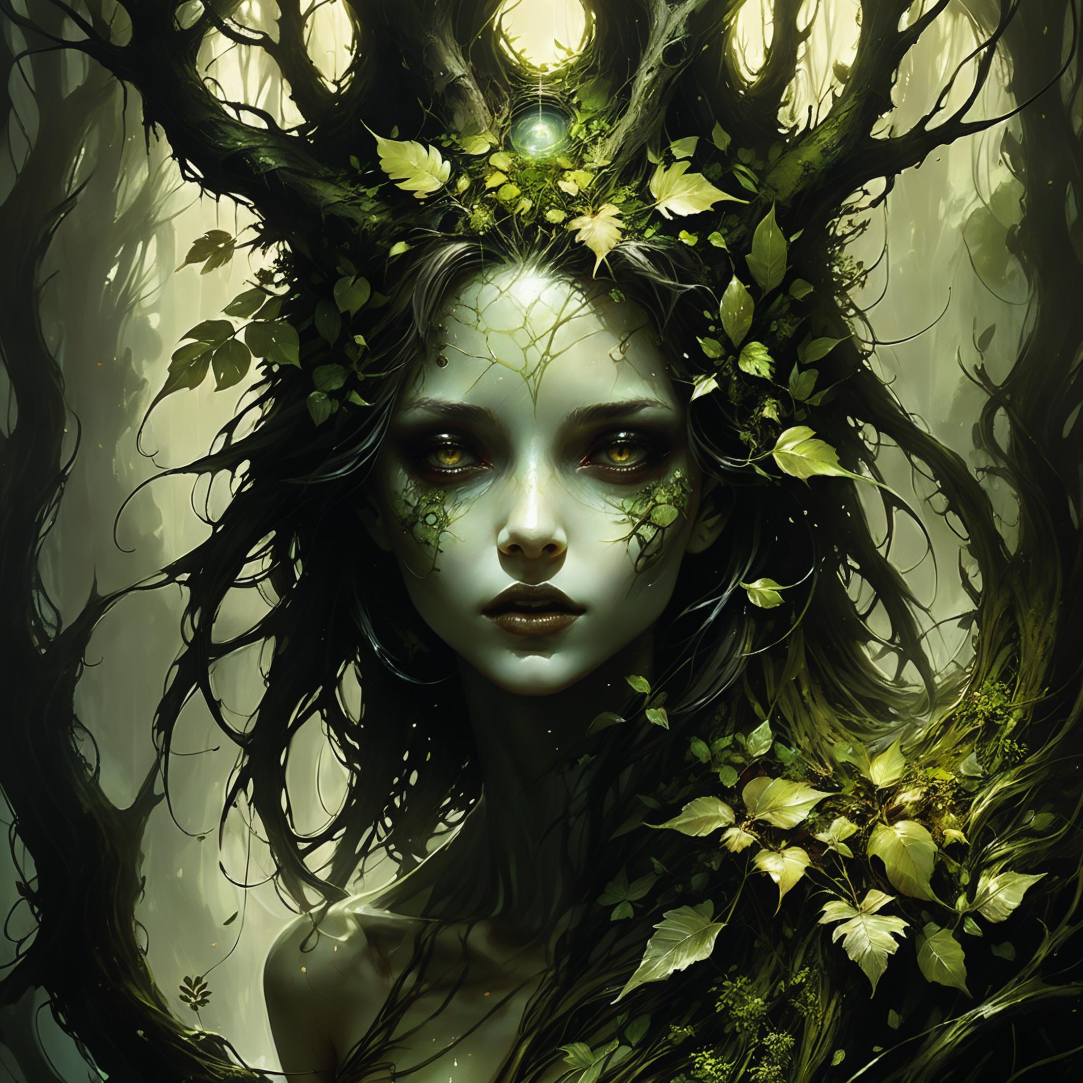 A woman with green makeup and a green tree on her head, surrounded by trees and greenery.