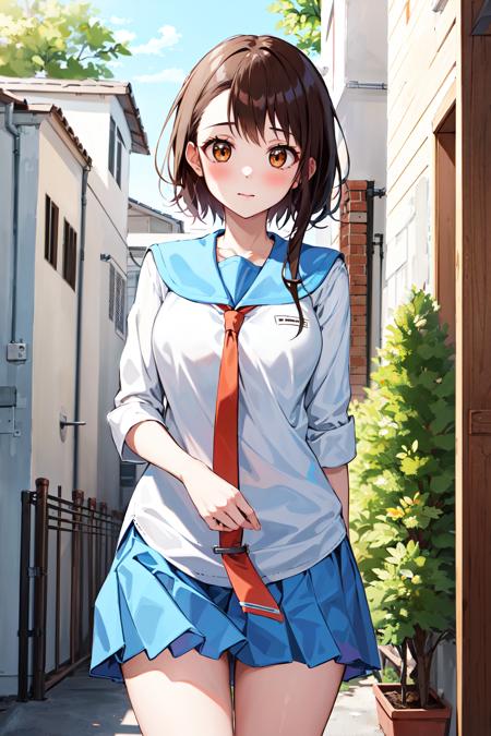 masterpiece, best quality, highres, (ondr:1.1), 1girl, school uniform, skirt, socks, white socks, serafuku, blue skirt, pleated skirt, cowboy shot, necktie, outdoors,  <lora:onodera_kosaki_v10-000004:0.7>, cowboy shot, standing,