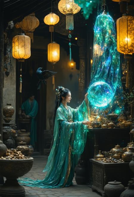 A bewitching merchant, draped in iridescent silken robes adorned with intricate gold filigree, levitates a pulsating celestial orb within a twilight bazaar stall. Low-angle perspective amplifies her towering presence against a backdrop of floating paper lanterns casting honey-gold light, their glow mingling with the orb’s sapphire radiance. Art Nouveau intricacy (Alphonse Mucha) merges with Miyazaki’s whimsy: swirling constellations inside the orb refract into prismatic shards, illuminating her hypnotic gaze and the stall’s weathered carvings. Dappled shadows deepen emerald velvet drapes; cinnamon-scented mist clings to jade trinkets. A shadowed raven watches, one wing dipped in starlight.