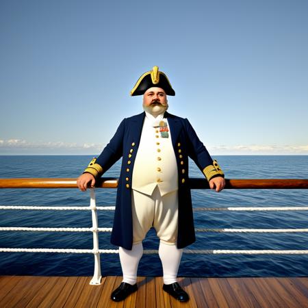 Full body in frame, from head to toe, wide angle view from side, distant camera, long shot, wide shot.Full body in frame, from head to toe, wide angle view, distant camera, long shot, wide shot.  
A fat middle-aged Turkish-German man standing confidently on the deck of a large wooden battle ship, at sea.  
He is wearing a detailed 19th century navy officer uniform with golden epaulettes, a blue coat, brass buttons, and a tricorn hat.  
Strong physical body, musclechub, burly, thick arms and legs, barrel chest.  
Masculine square face, big nose, thick eyebrows, broad chin.  Background is sea.
Realistic lighting, moonlight, 8k, photorealistic, ultra detail, clothes and body details
 <lora:Better_expressionsH:0.6> <lora:detailed_notrigger:0.7> <lora:Walrus_Mustaches:0.6>