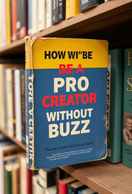 an old book a self-help book with the title in the cover "HOW TO BE A PRO CREATOR WITHOUT BUZZ" and the subtitle "No one gives you buzz, because you suck" with a sticker of low price   in a shelves of an old book store