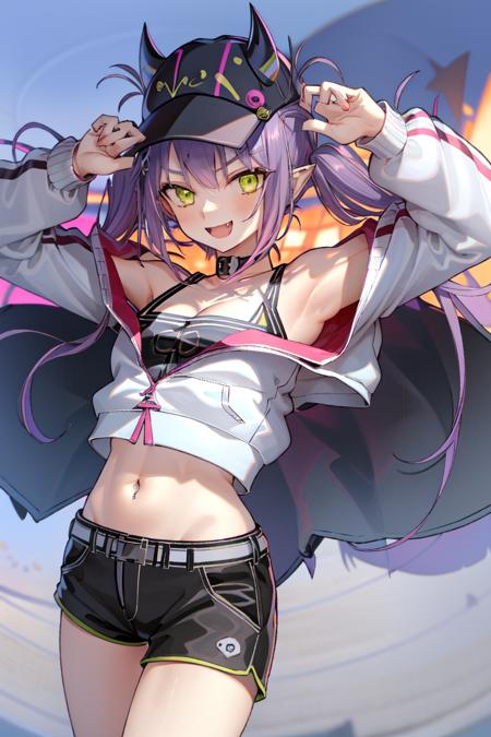 1girl, solo, tokoyami towa , green eyes, multicolored hair, black shorts, purple hair, pink hair, ear piercing, twintails, tail, demon tail, piercing, black shirt, halterneck, (white jacket, cropped jacket:1.25), bare shoulders, black headwear, midriff, choker, shorts, short shorts, cleavage, stomach, fake horns, horn headwear, baseball cap, cowboy shot, outdoors, dynamic pose, pointy ears, smile, blush,  streaked hair, bibi (tokoyami towa), uneven legwear, <lora:Hololive_tokoyami_towa_V1.0:0.7>