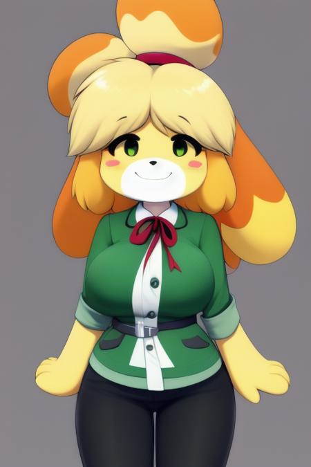 ((masterpiece,best quality)),best res,(huge breasts:1.3),good anatomy,cute,(sexy:1.3),ultra cute face,hot,blushing,female,smiling,very detailed,4k,happy,blushing,smiling,happy,looking at viewer,standing,,isabelle,skinny,tall,(anthro:1.3),green shirt,pants,