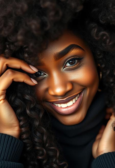 macro close-up shot of a cute black african women smiling (combing her hair with her hands:1.2) looking at viewerseductively, luxurious looking turtleneck, extremely long curly hair, seductiveconfident, skin pores, imperfections, natural, beautiful eyes, dark skin, black skin, (big hair), perfect teeth, (freckles:1.2), velus hairs, 100mm f/2.8 macro lens,, film grain, candid camera, color graded cinematic, 1960s vintage RAW photo, eye catchlights, catchlights in eyes, dramatic lighting, atmospheric lighting, rembrandt lighting,