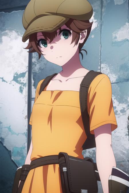 itsuki yakumaru, short hair, brown hair, (green eyes:1.3), gloves, hat, short sleeves, shorts, bike shorts, pouch,