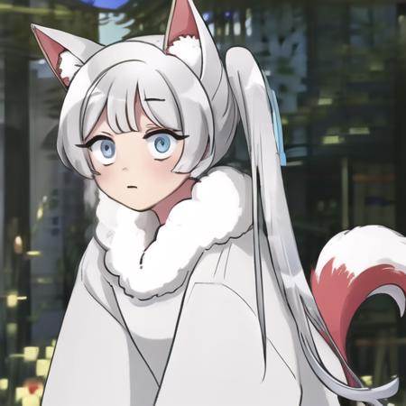 (masterpiece, best quality:1.2),illustration,8k,hd,1girl,solo,upper body,cowboy shot,1girl,solo,long_hair,bangs,blue_eyes,animal_ears,white_hair,dog_ears,side_ponytail,coat,animal_ear_fluff,white_coat,long_sleeves,tail,shoes,shorts,socks,bike_shorts,sneakers,<lora:Wolf-Bubble-V1:1>,