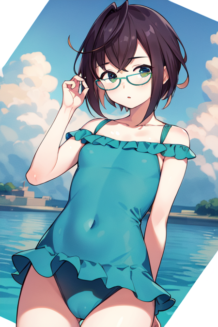 okinamiKC, green eyes,1girl, solo, short hair,shirt,dress, school uniform, white shirt, pantyhose, glasses