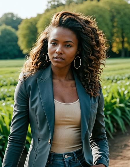 RAW analogue photo of a beautiful 25 years old woman, clear focus, high resolution image, Beautiful dark skin African woman, <lora:Ayana_Lela_African_Woman:0.8>,,  ,wearing khaki turtleneck, black blazer, grey jeans, brown ankle boots, ((coiffed hair:1.5)),,high quality, film grain, Fujifilm XT3, 8k uhd, dslr, film grain, kodak tri-x 400 film, grain photo DOF, faint lighting, dynamic angle, cinematic, Depth of field, bokeh, best quality, cinematic, light particles, highly_detailed, very_aesthetic, golden hour, beautiful_and_aesthetic ,Sexy pose, erotic pose, exhibitionism, ,Urban garden