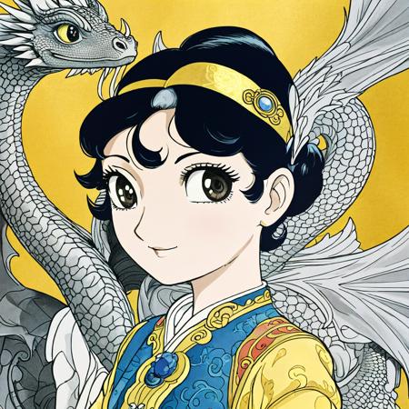 (Anime:1.1), artstyle,
best quality, 1girl, A ghostly portrait of a dragon with detailed patches | ink-wash nature on gold tones | plain background, anime style 80, 
 

(anime by Osamu Tezuka, 80s, big eyes, illustration,:1.1), manga,
(film still, image still),

complex stuff background, 