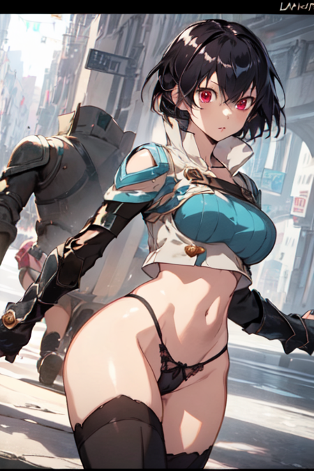 GoSoraHCLW, 1girl, short hair, black hair, red eyes, thighhighs, navel, underwear, panties, boots, detached sleeves, armor, black panties,
