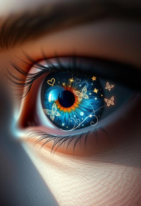 "Hyper-realistic depiction of a pair of eyes that shimmer and glow with intricate, swirling designs. The irises are a deep, rich blue, with delicate patterns of stars, hearts, and butterflies dancing across their surface. The pupils are shaped like tiny fish, with scales that glimmer like diamonds. The eyes seem to hold a deep, inner light, as if the very soul of the person is shining through. The eyelids are thin and delicate, with a subtle sheen that suggests a gentle, otherworldly glow. The surrounding skin is smooth and unlined, with a subtle texture that suggests a gentle, ethereal quality. Style: extremely detailed, hyper-realistic, and dreamlike, with a focus on capturing the intricate patterns and textures of the eyes, and conveying a sense of wonder and enchantment."