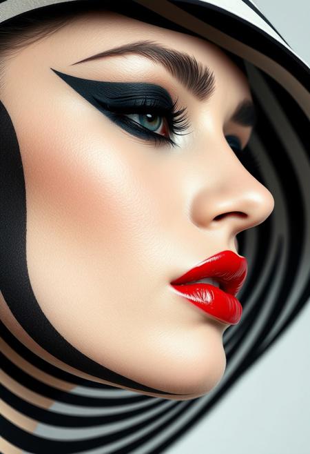 A striking close-up profile of a woman’s face adorned with bold, black stripes that wrap around the contours of her face, creating a hypnotic, zebra-like pattern against her smooth, pale skin. Her eyelids are covered in deep, matte black makeup that accentuates her long eyelashes, while her lips stand out in a glossy, vibrant red, offering a sharp contrast to the monochrome stripes. The image is minimalist yet visually intense, with the pattern seamlessly flowing across her features, evoking a sense of modern art and surreal beauty.
RAW photo, masterpiece, photorealistic, 8k, best quality, stunning eyes, skin detail, skin pores, blemishes