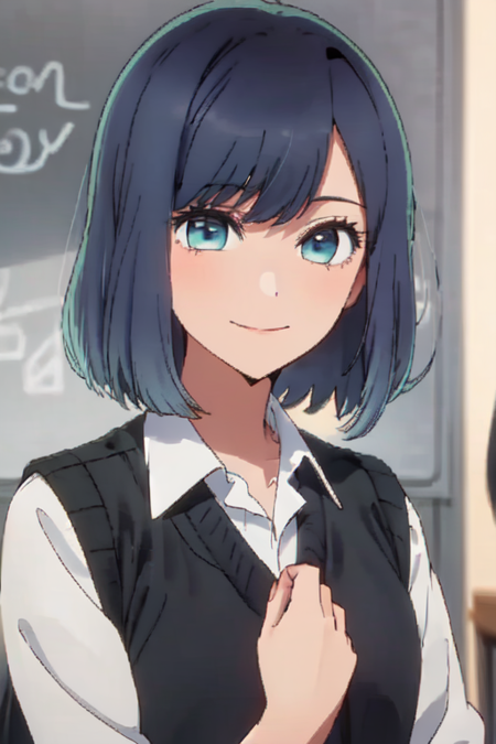 1girl, short hair, solo, blue hair, blue eyes, closed mouth, blurry background, upper body, black hair, school uniform, smile, school class, black jacket