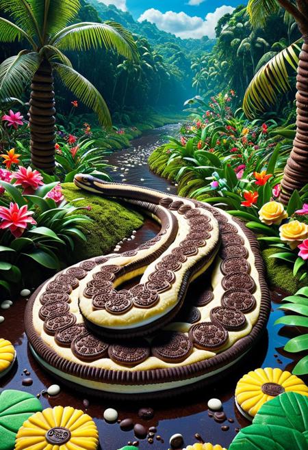Sweet Delight, ((Anaconda)) made of creamy cookies, swimming through creamy Amazon river, Cookies trees of the tropical sugar forest, sweetscape, candy flowers,  sweet landscape, striking, lively colors, intense colors, picturesque, masterwork, exemplar quality, global illumination, SFW, PG, exquisite detail, digital art, dw01-3400