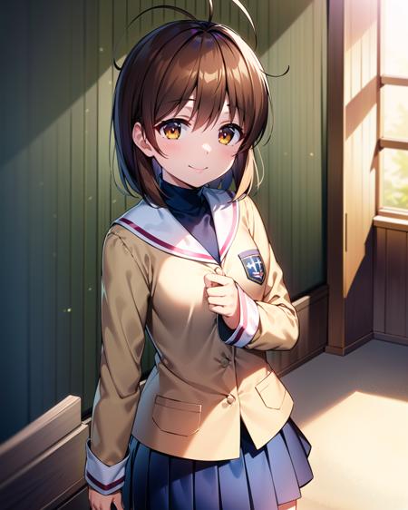 ((masterpiece)), ((best quality)), ((highres)), ((extremely detailed CG unity 8k wallpaper)), solo, modest breasts, <lora:furukawa nagisa-000007:1>, furukawa nagisa, ahoge, classroom, school uniform with blue turtleneck, blue skirt, (white socks), smile, cute, cowboy shot