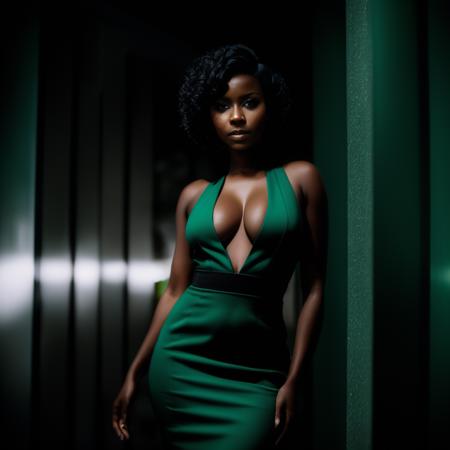 Dark shot, photo of xlsanaa woman in green deep-v pencil business dress, black frizzy undercut hair, cleavage,  seductive expression, looking at viewer, cinematic shot, hard shadows  <lora:xlsanaa woman:1>