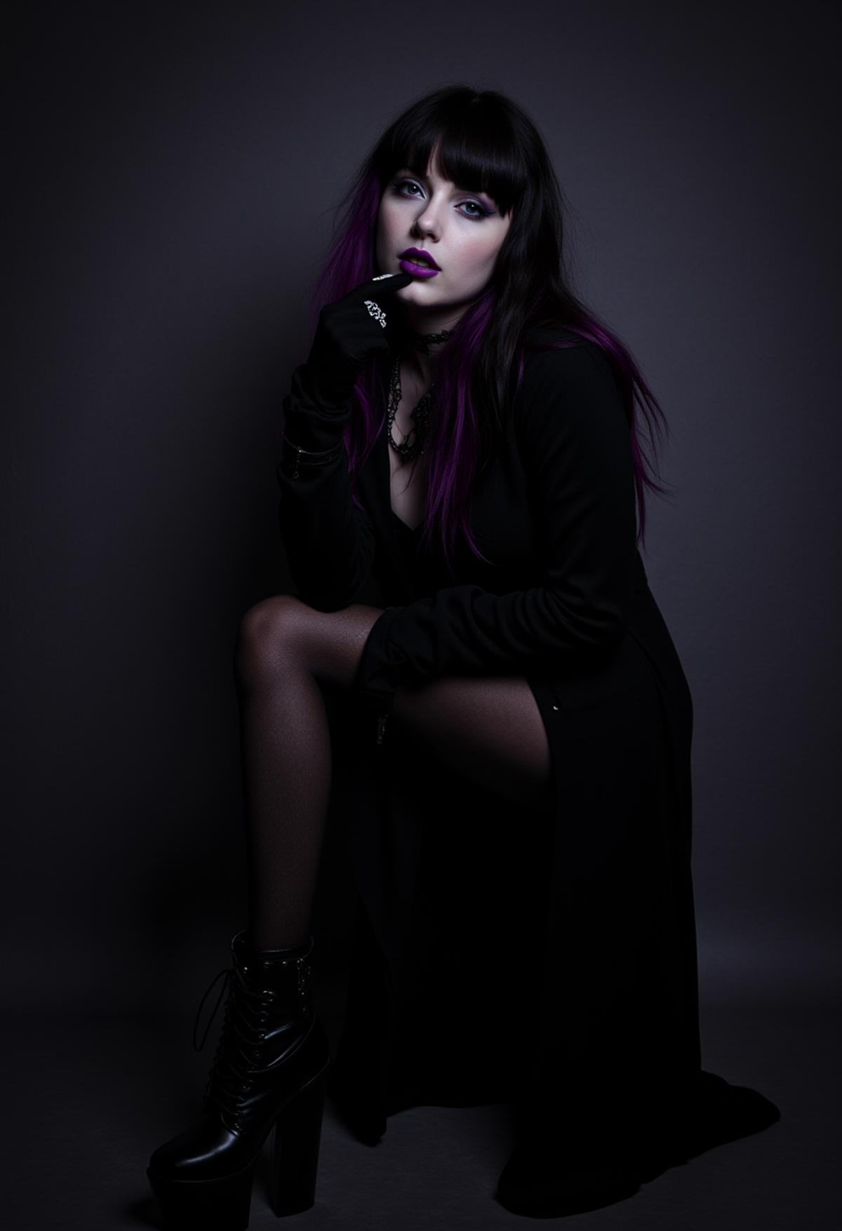 A goth woman, 18yo. She has pale white skin, dark black hair with dramatic purple highlights, and pale purple lips. Her wardrobe is a mix of dark Victorian and gothic punk, including a long black coat, lace gloves, fishnet stockings, and platform boots. Her pose is playful and confident, leaning slightly forward with one hand on her chin, The background is dark and moody, with shadows cast on the wall behind her.