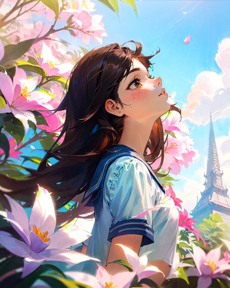 (masterpiece, best quality),1girl, solo, flower, long hair, outdoors, letterboxed, school uniform, day, sky, looking up, short sleeves, parted lips, shirt, cloud, black hair, sunlight, white shirt, serafuku, upper body, from side, pink flower, blurry, brown hair, blue sky, depth of field <lora:lolsplashart-lora:1>