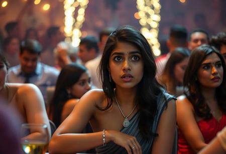 A young woman, Priya, sitting at a table in crowded party, confused and scared facial expression