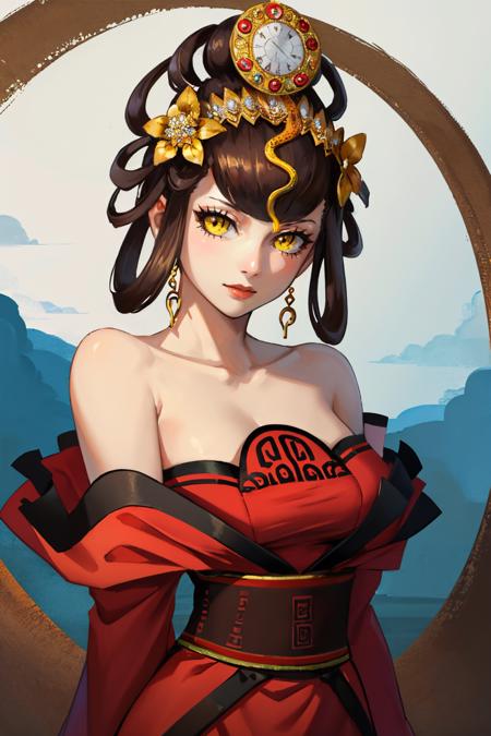 nuwasmt, yellow eyes, hair ornament, jewelry, red dress, black hair, chinese clothes, barefoot, bare shoulders