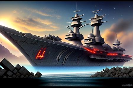 a space pirate battleship among the ruins of an advanced, futuristic city