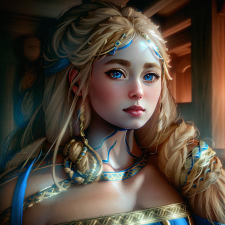 Sif, photorealistic, 4k, UHD, ((blonde hair over her left shoulder))), blue dress, blue eyes, Canon EOS quality <lora:Sif_GodofWar:1.2>