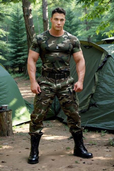 in a pine forest, standing next to an army tent, JasonAdonis, slight smile, sexysoldier, (shirt), camouflage pants, dog tags, black army boots, belt, ((full body portrait)), wide angle,  <lora:JasonAdonis:0.8>     <lora:Clothing - Sexy Soldier_v1:0.75>