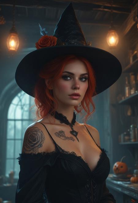 Ultra detailed digital art masterpiece, face portrait, mysterious dark Witch woman, a cute magical creature like a Witch standing in the Shack, realistic black rose, ultra detailed Witch's Mysterious Shack, in year 1880, victorian style, Halloween decorations including pumpkins, rose flower style, white marble, old dark solid wood, victorian decals, perfect lighting, elegant, Tom Bagshaw, Anne Bachelier, unreal engine 5 nanite quality, mixed with dark elements, dark environment, very dark night, clean dark velour witch clothing, dark washed out eyeliner, no make up, natural pale face, nose piercing, abstract, big shiny brown eyes, ultra detailed atmospheric details, beautiful glowing effects, sparkle effects, realistic body proportions, beautiful face proportions, complex masterpiece, wild red hair style, creative glowing detailed tattoos, complex physics, enhanced colors, complimentary colors, ultra detailed raytracing reflections, Ultra detailed complex background, environment feels alive, direct eye contact, dramatic lighting, wet and sweaty skin, beautiful firm Breasts, Concept art portrait by Greg Rutkowski
