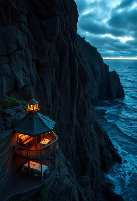 A beautifully lit and composed professional photograph of a small cozy gas lit cafe on the face of a massive cliff face overlooking the a dark stormy ocean at dusk