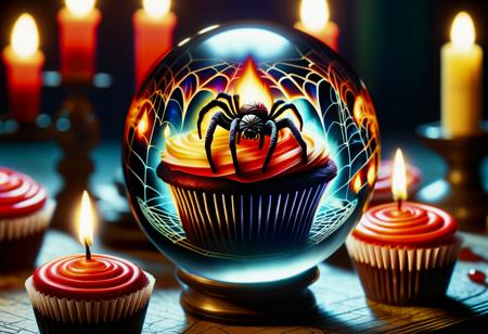 hyper detailed masterpiece, dynamic realistic awesome quality,mummy, bloodcurdling, spiderweb cupcakes, fiery torchlight, candles,,in a DonMCry5741b411XL crystal ball  <lora:DonMCry5741b411XL:1>