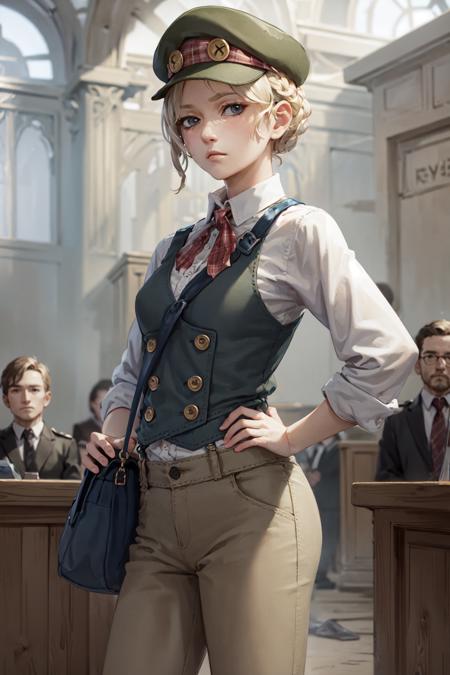 (masterpiece, best quality:1.2), <lora:gaa_lestrade-10:0.7>, cowboy shot, solo, 1girl, gina lestrade, expressionless, closed mouth, looking at viewer, hand on hip, short hair, braid, green headwear, shoulder bag, courtroom