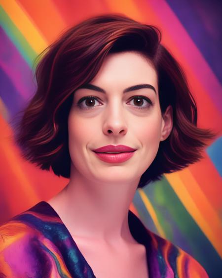 AnneHathaway, portrait,close up of a Monstrous tall Female, behance, Nonchalant Short bob hairstyle, Folk Art, short lighting, dark rainbow hue, <lora:AnneHathawaySDXL:1>