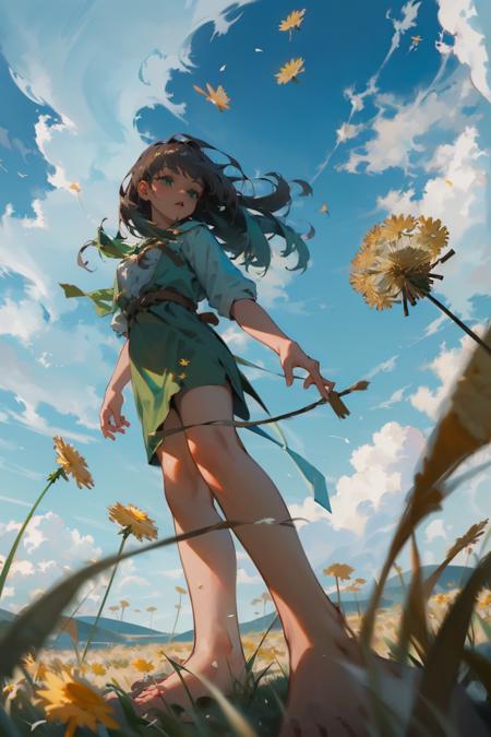 (masterpiece:1.3),(best quality:1.2),8k,absurdres,unity 8k wallpapper,(extremely detailed:1.3),highestres,realistic,
1girl,<lora:low_angle_human-10:1> ,form below,low_angle_human,sky,cloud,grass,blurry foreground, full body, (green:1.2),sun,(dandelion:1.1),,barefoot,