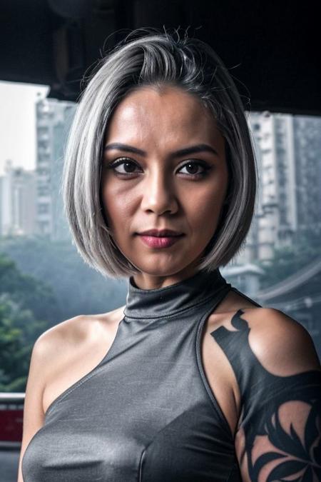 <lora:Cos001:0.70>,closeup pov photo detailed face, realistic photo of syorha no. 2 type, shoulder length grey hair, serious expression, tattoos, folded arms, stood in a hong kong street, (masterpiece:1.0), (best quality:1.0), cinematic,smoke filled atmosphere,